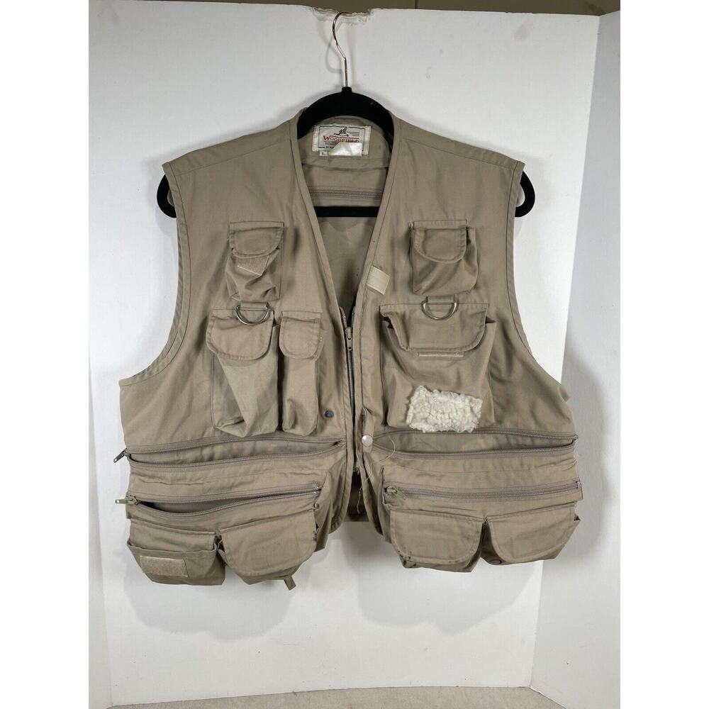 Vintage Woodfield Fishing Vest Mens L Large Beige Full Zip Cargo Pockets